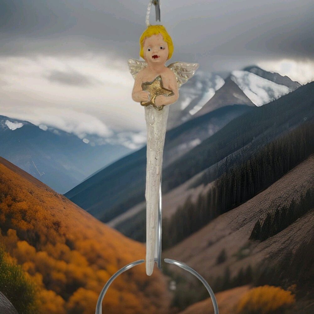 Angel Icicle Christmas Ornament Star Glitter Vintage Ceramic Cherub Collectible